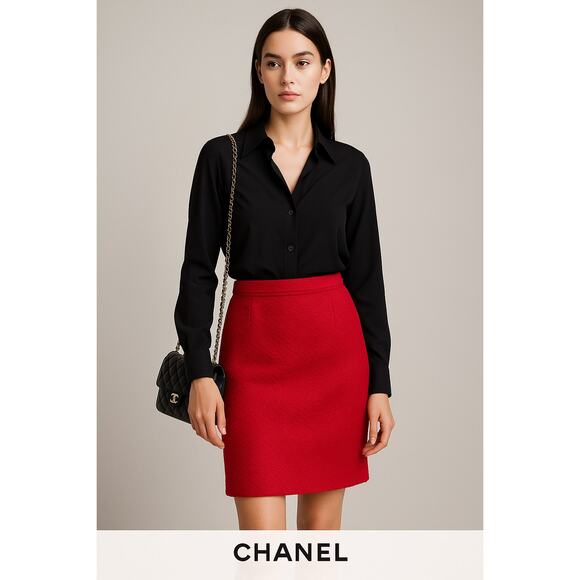 Chanel Red Tweed Mini Skirt Classic Vintage Style Authentic Fall Archival CC - Picture 1 of 10